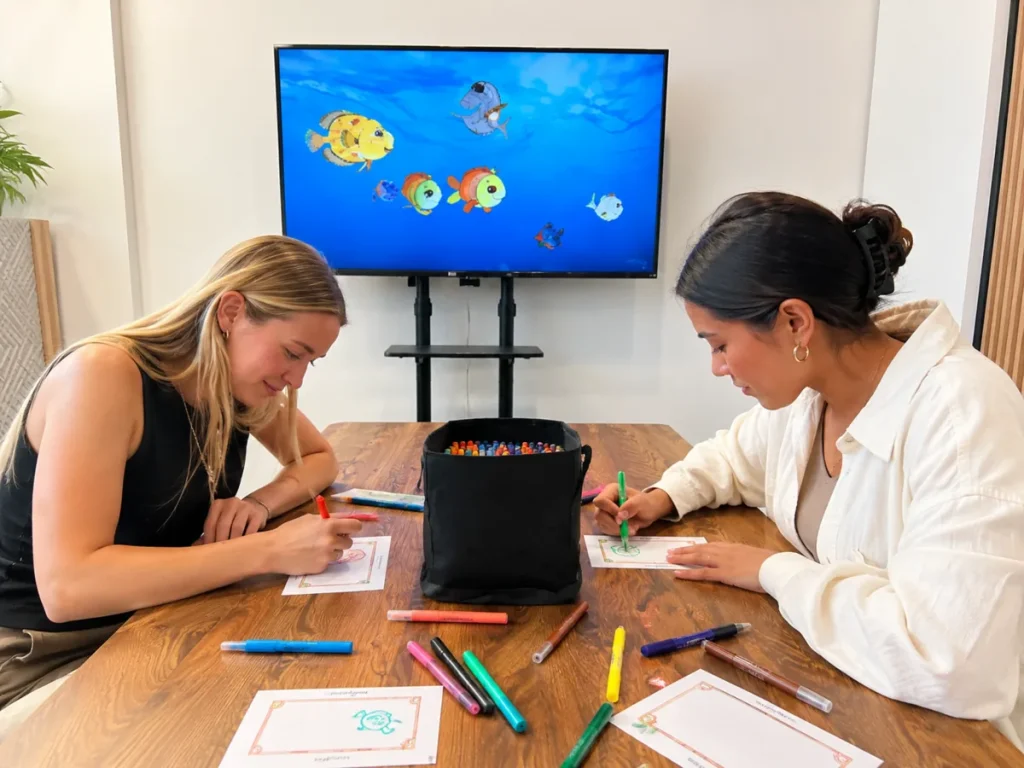 woman drawing fishes