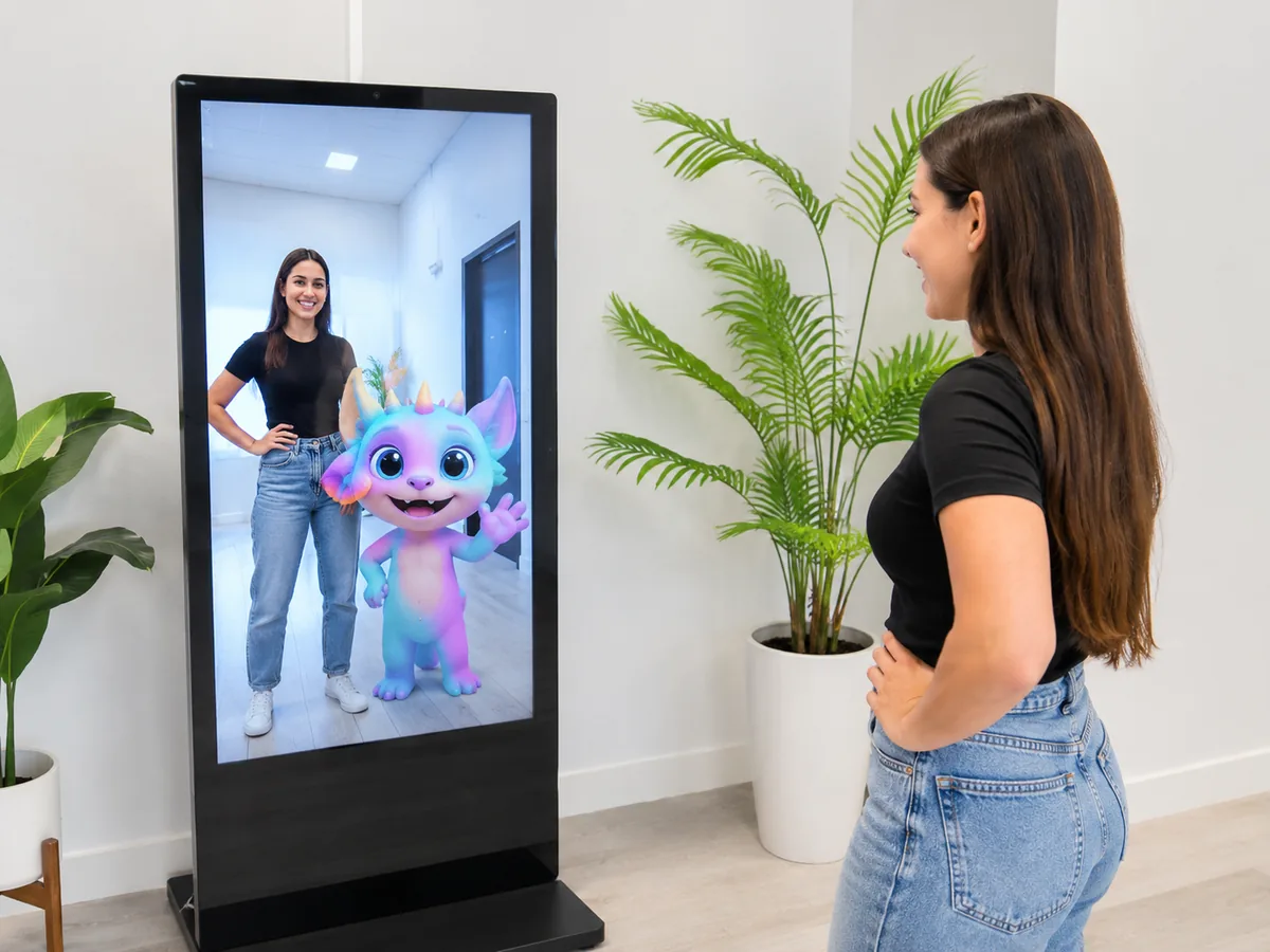 girl standing in front of AR photobooth