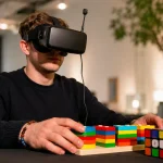 man playing cubic rubic game with special glasses