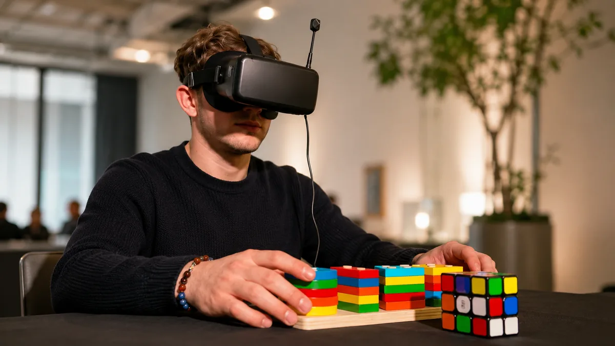 man playing cubic rubic game with special glasses
