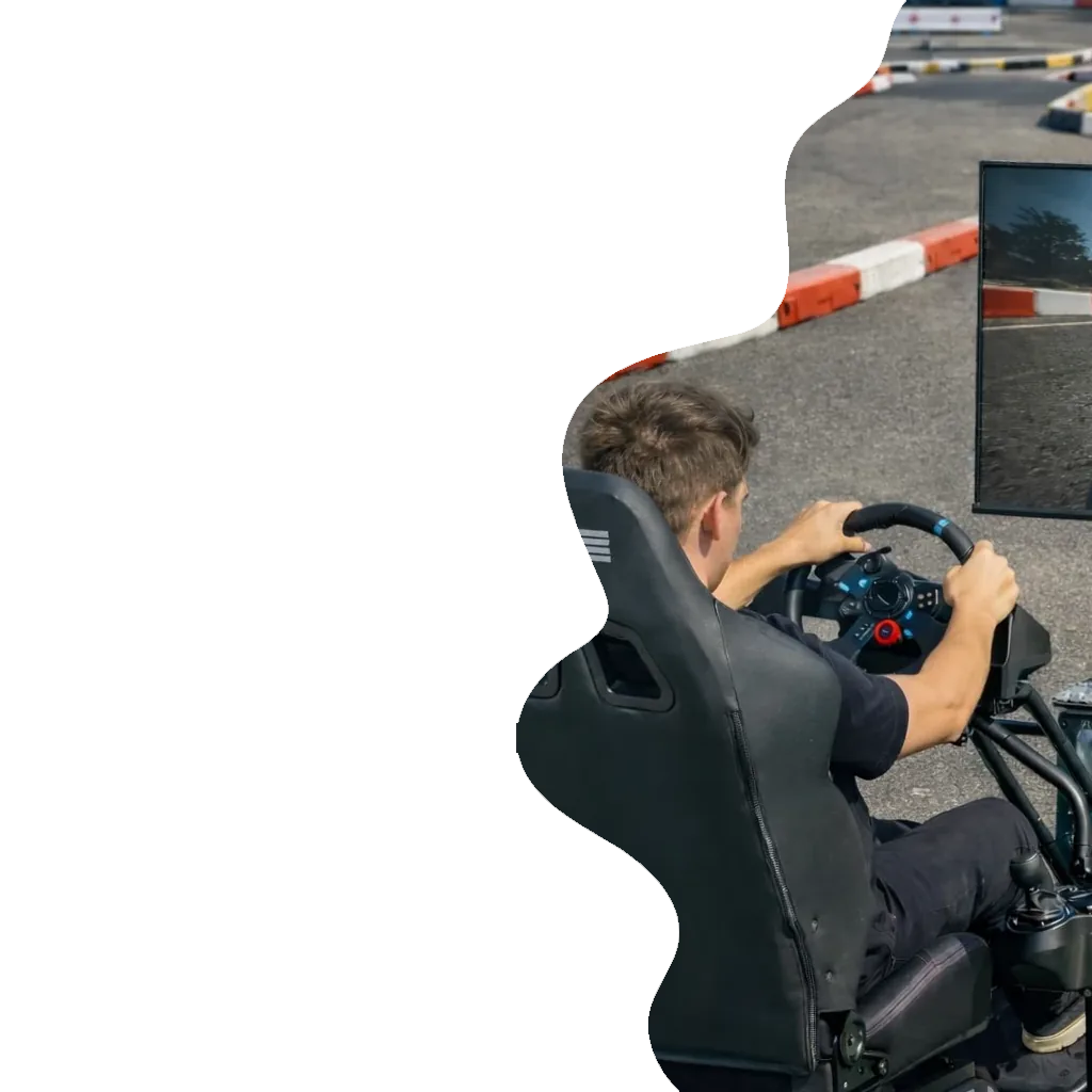 Player on racing simulator driving FPV RC Car