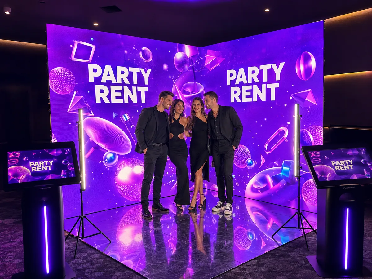 led corner photo zone with people
