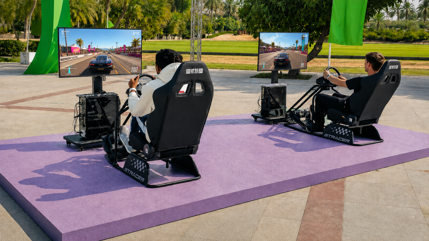 guys playing racing simulator