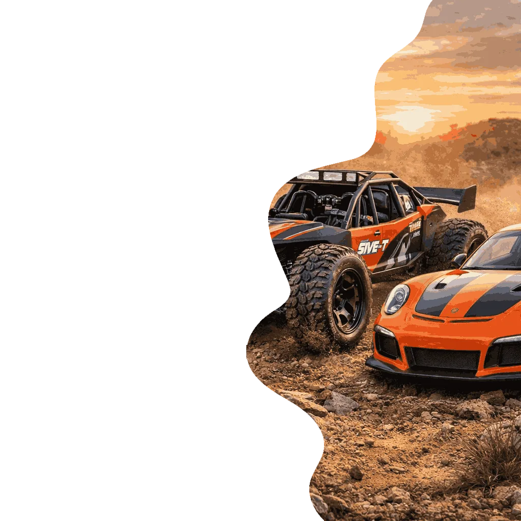 Orange Porsche next to a buggy on sand RC Cars