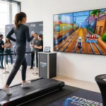 girl running on a treadmeal amd playing game