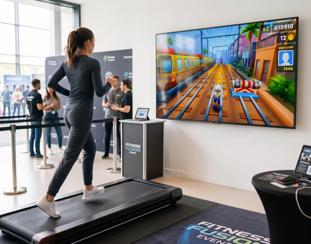 girl running on a treadmeal amd playing game