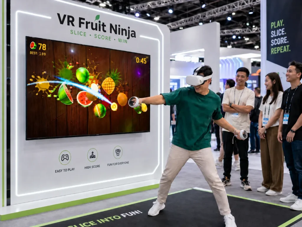 guy playing in VR Fruit Ninja game