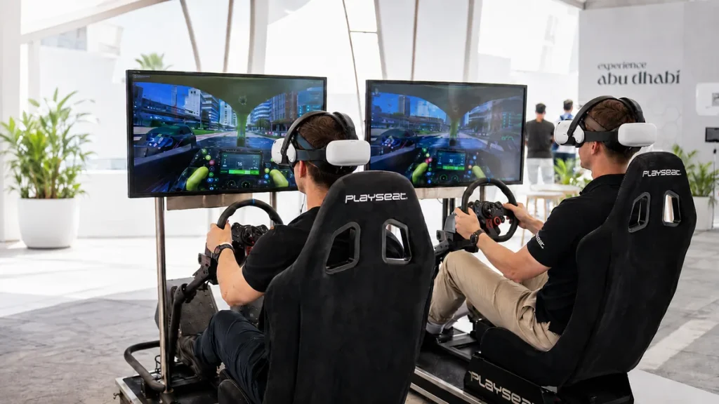 mens playing vr game in racing simulators