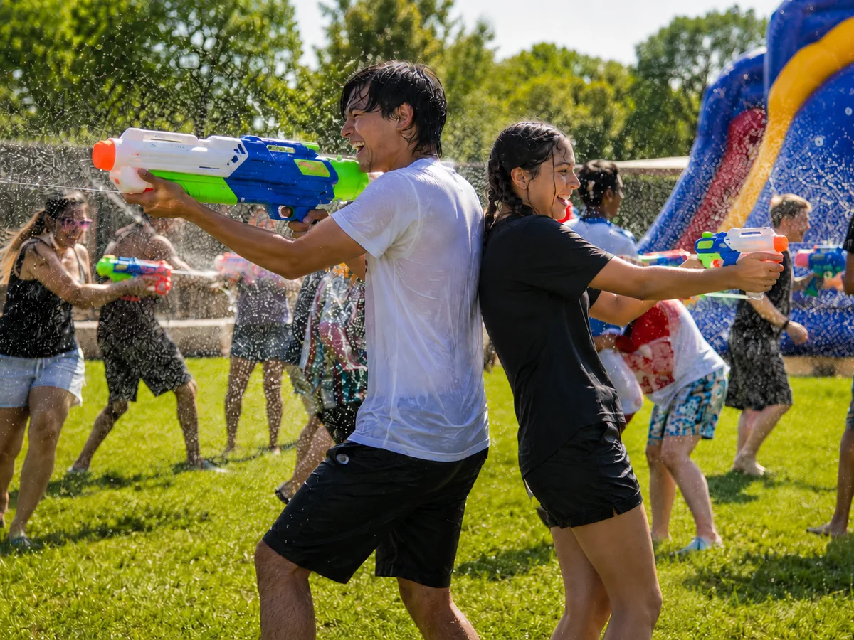 adults playing water battle
