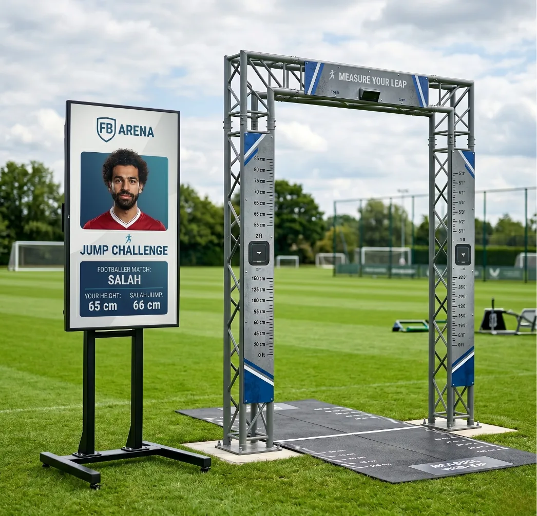 Players jump under the Header Reach Challenge setup and try to reach the highest possible score