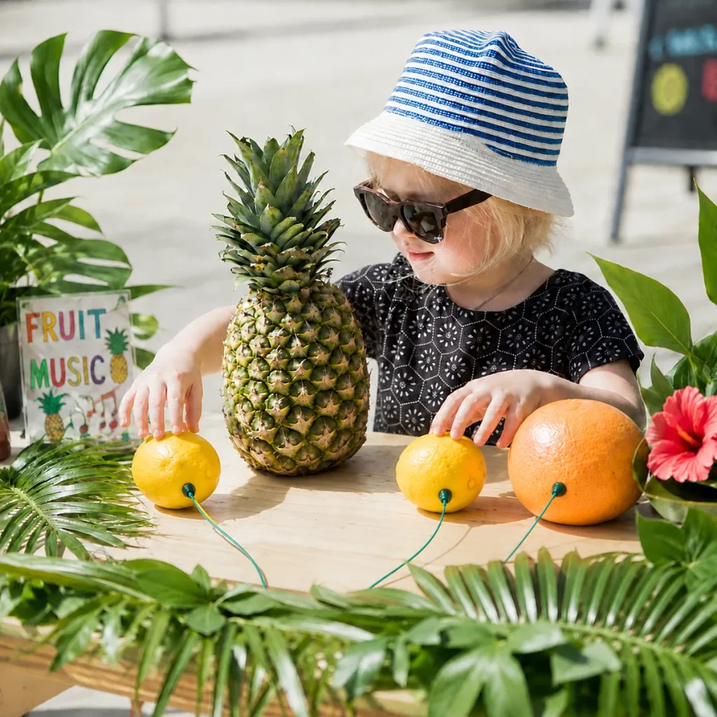 girl playing music on a fruits